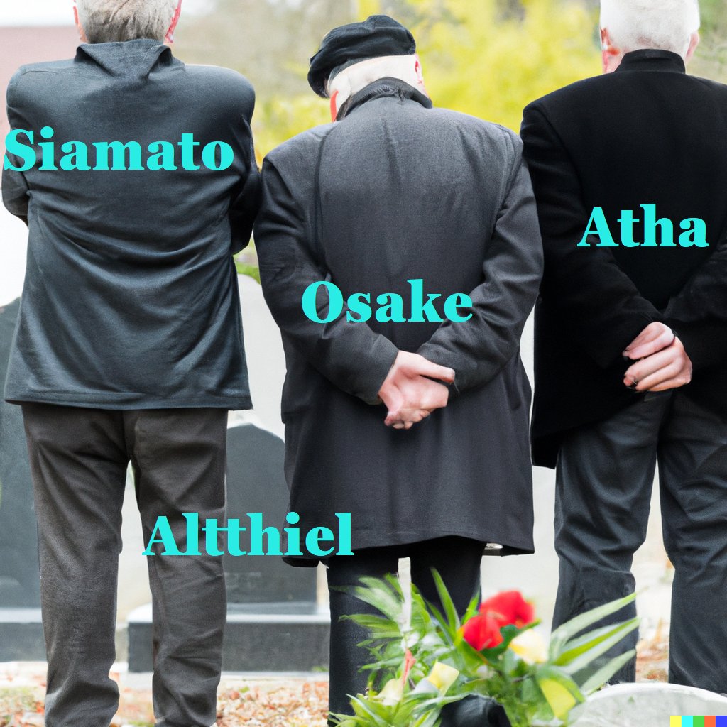DALL·E 2022-12-14 22.46.25 - Three old men in mourning in front of a tombstone in a cemetery.png